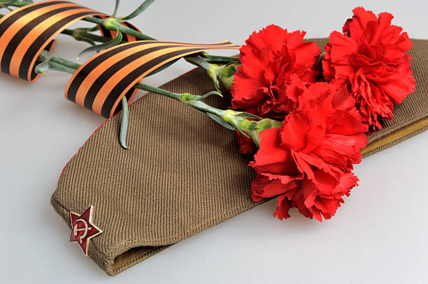 Military cap, carnations tied with Saint George ribbon on gray Military cap and red carnations tied with Saint George ribbon on gray the may pictures stock pictures, royalty-free photos & images