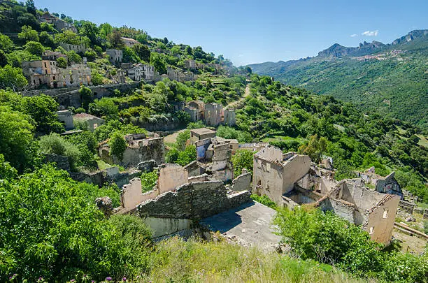 Mountain village Old Gairo Vecchio was destroyed by a catastrophic alluvial flood in 1951. It was abandoned in 1963. So called Ghost Town is an interesting touristic attraction in Sardinia Island.