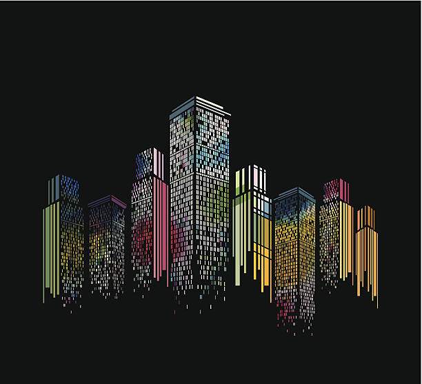 illustrazioni stock, clip art, cartoni animati e icone di tendenza di motivo colorato astratto moderno edificio con sfondo nero - orizzonte urbano illustrazioni