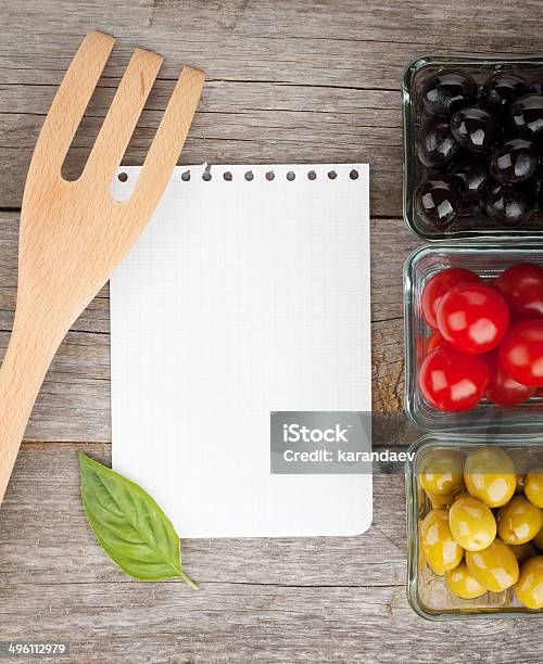 Blank Notepad Paper For Your Recipes And Fruits Stock Photo - Download Image Now - Above, Appetizer, Basil