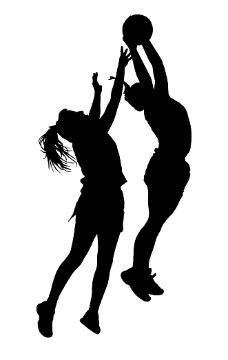 Black on white silhouette of korfball ladies league players girl catching ball