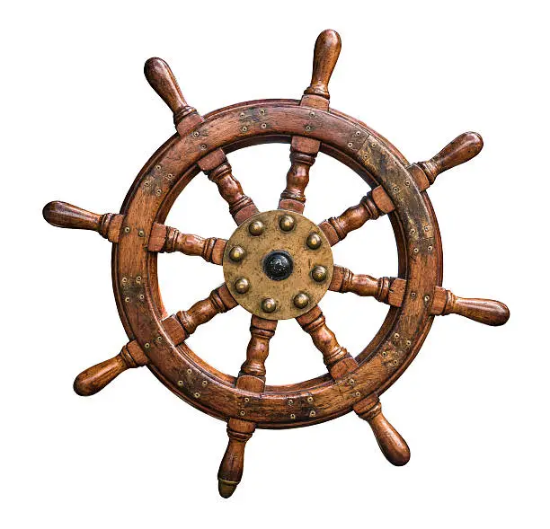 Isolated Vintage Wooden And Brass Ship's Steering Wheel With White Background