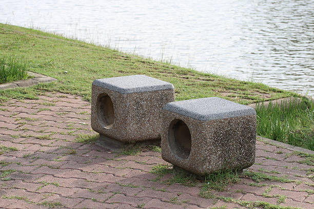 Stone bench beside lake in the park.