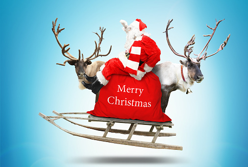 Santa Claus flies in a sleigh with reindeer