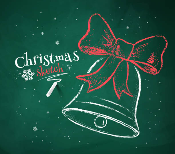 ilustraciones, imágenes clip art, dibujos animados e iconos de stock de green chalkboard campana de navidad sobre fondo. - bell handbell christmas holiday