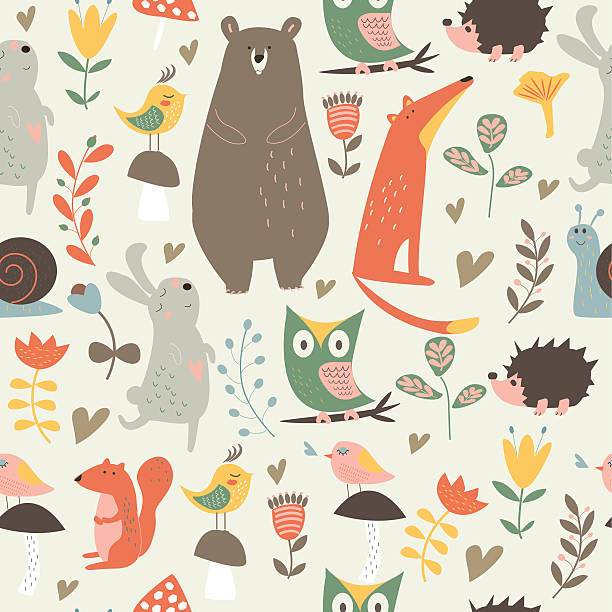 ilustrações, clipart, desenhos animados e ícones de fundo bonito sem costura - tree bird flower pattern