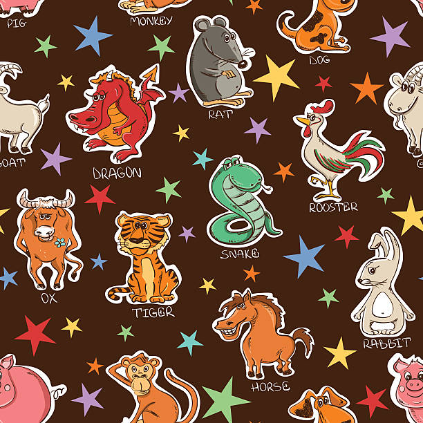 ilustraciones, imágenes clip art, dibujos animados e iconos de stock de funny seamless pattern of chinese zodiac animales señales. - horse goat child humor