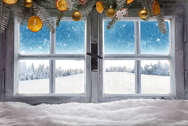 istock Vintage wooden window overlook winter landscape 496125988