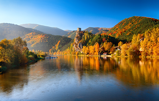 Autumn morning view of Vag River, near Zilina, Slovakia