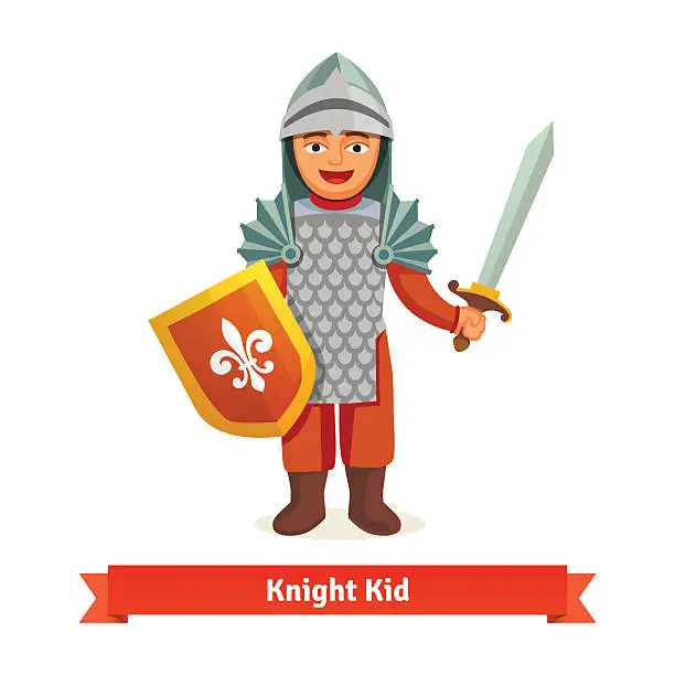 Vector illustration of Cheerful kid in knights armour with helmet