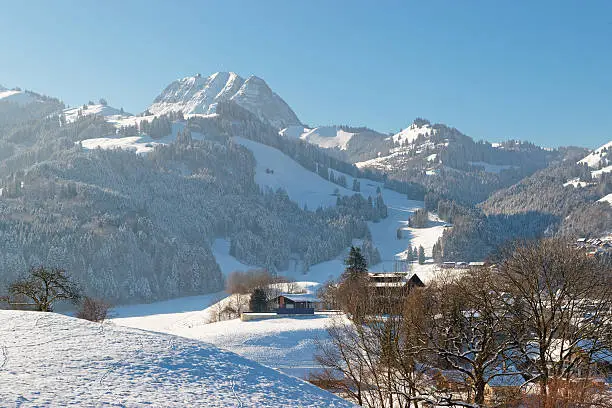 Idyllic winter mountain landscape in the Alps with snow-covered trees under deep blue sky. Region of Gruyere, province of Fribourg, Switzerland