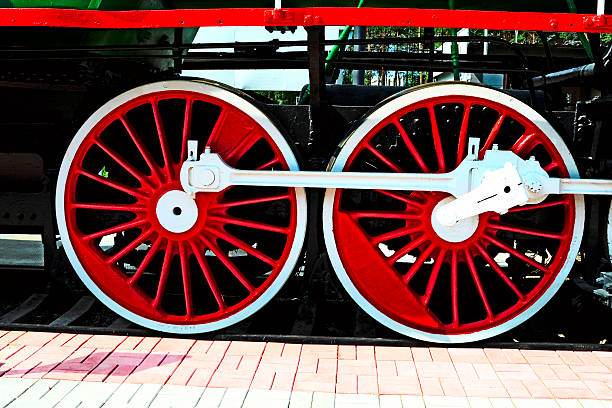 red wheels of the old locomotive stock photo
