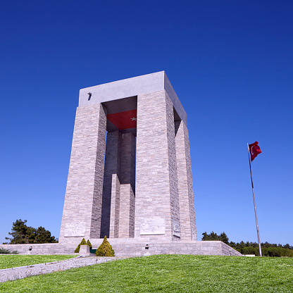 Low-angle shot of Çanakkale martyr’s memorial with a huge Turkish on the ceiling.