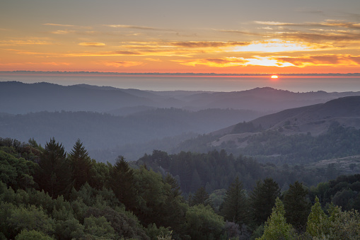 Sunset views of Santa Cruz Mountains and Pacific Ocean at Russian Ridge Open Space Preserve, California