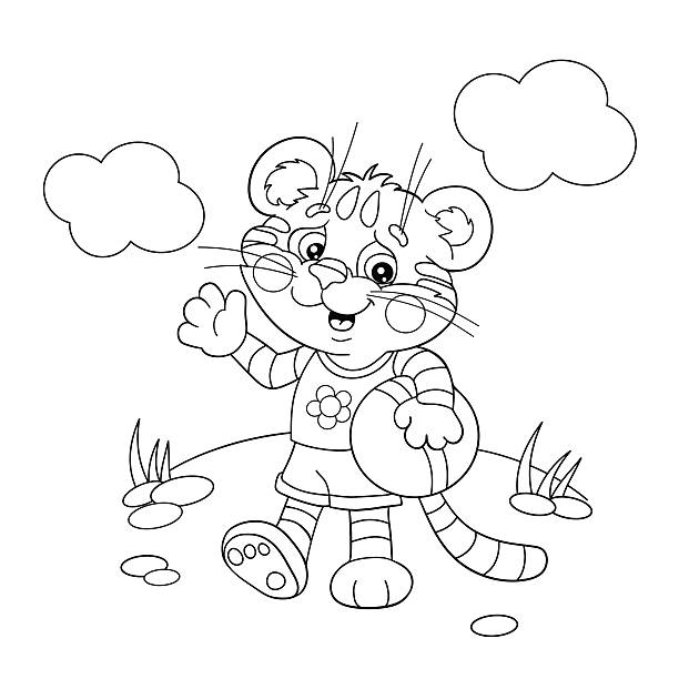 illustrazioni stock, clip art, cartoni animati e icone di tendenza di pagina da colorare contorno di una piccola tigre con una palla - playing the ball