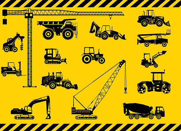большой набор иконок строительство тренажеры. векторная иллюстрация. - industrial equipment dump truck bulldozer mining stock illustrations