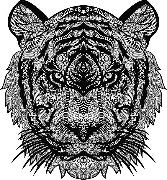 detailed ink tiger portrait highly detailed tiger head, 2 colors siberian tiger tattoos clip art stock illustrations
