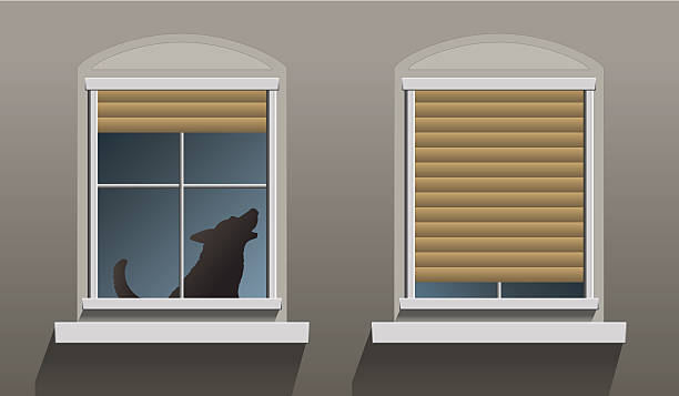 Lonely Howling Dog Windows A lonely howling dog is sitting behind a window with partially let down shutters. Vector illustration on grey background. barking animal sound stock illustrations