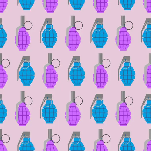 Vector illustration of Colorful  grenade seamless pattern. Military background of ammun