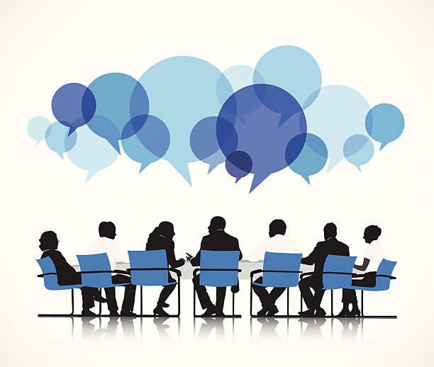 stockillustraties, clipart, cartoons en iconen met vector of group of people discussing - tafel