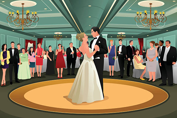 ilustraciones, imágenes clip art, dibujos animados e iconos de stock de pareja bailando el primer baile de recién casados - dancing women wedding reception men