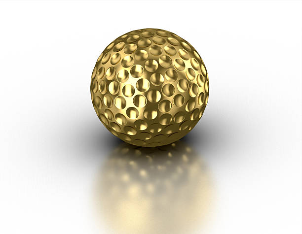 istock Golden golf ball on reflective white background 496160364