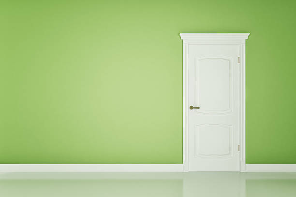 istock Closed white door on green wall 496162411