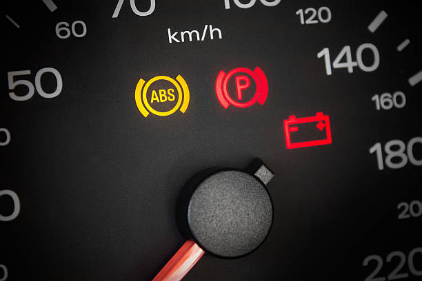 ABS light. Car dashboard in closeup stock photo