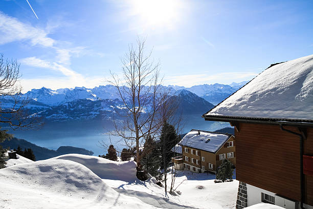 istock Panoramic skyline view of snow-capped chalets and mountains lake 496165920