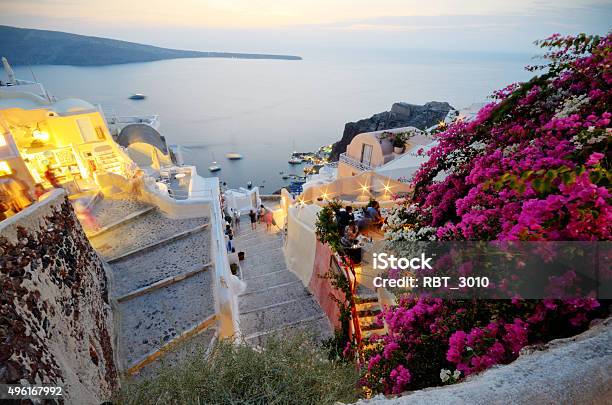 Oia Greece Stock Photo - Download Image Now - Bougainvillea, Dusk, Santorini