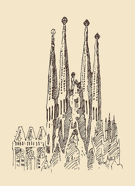 barcelona sehenswürdigkeiten, städtischer architektur, vintage gravur, von hand gezeichnete illustrationen - barcelona antonio gaudi casa battlo spain stock-grafiken, -clipart, -cartoons und -symbole