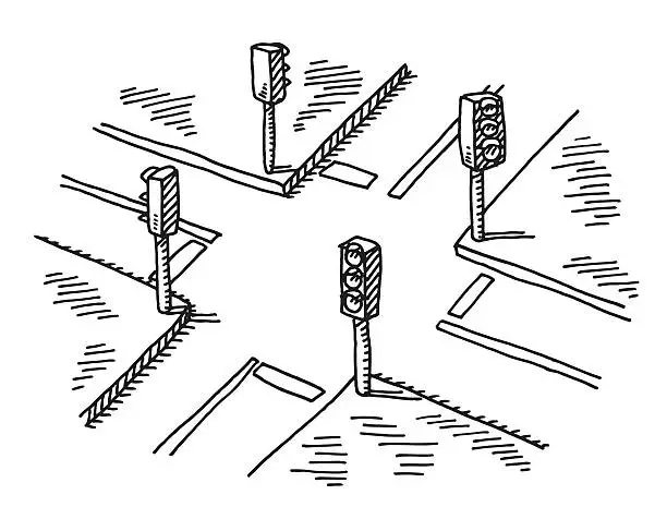 Vector illustration of Crossroads Traffic Lights Drawing