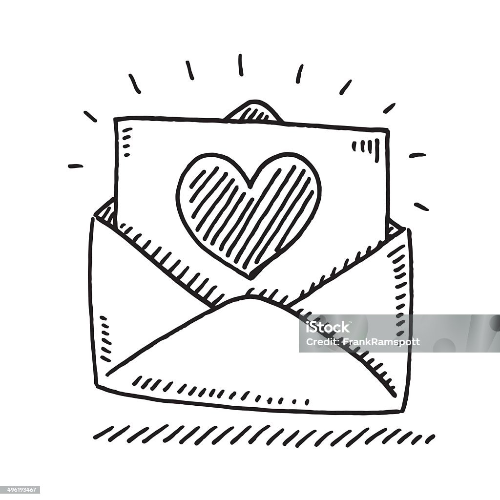 Love Letter Heart Drawing Hand-drawn vector drawing of a Love Letter with a Heart. Black-and-White sketch on a transparent background (.eps-file). Included files are EPS (v10) and Hi-Res JPG. Letter - Document stock vector