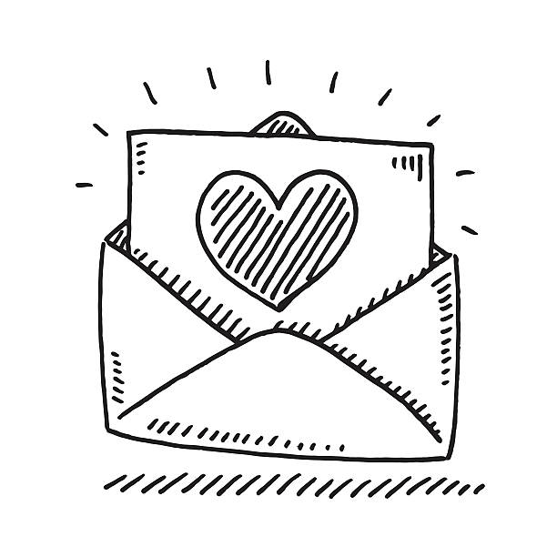 Love Letter Heart Drawing Hand-drawn vector drawing of a Love Letter with a Heart. Black-and-White sketch on a transparent background (.eps-file). Included files are EPS (v10) and Hi-Res JPG. black and white heart stock illustrations