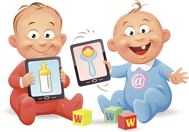 Digital Natives Two babies playing with tablet computers and toy blocks, isolated on white. EPS 10, grouped and labeled in layers. Babies Only stock illustrations