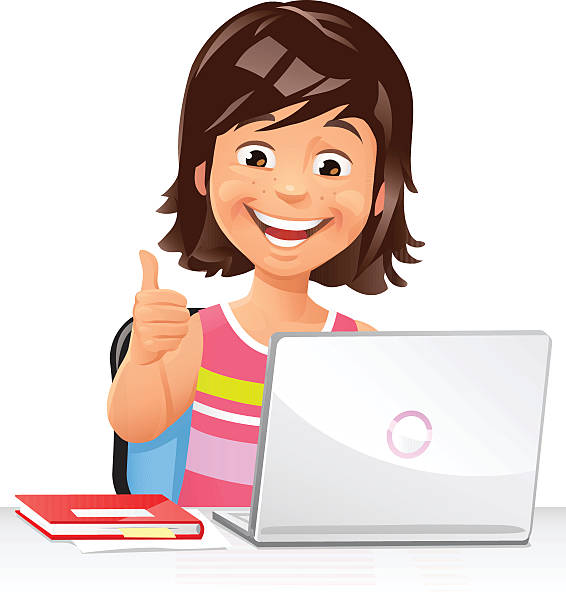 ラップトップを持つ女性 - thumbs up book smiling student点のイラスト素材／クリップアート素材／マンガ素材／アイコン素材