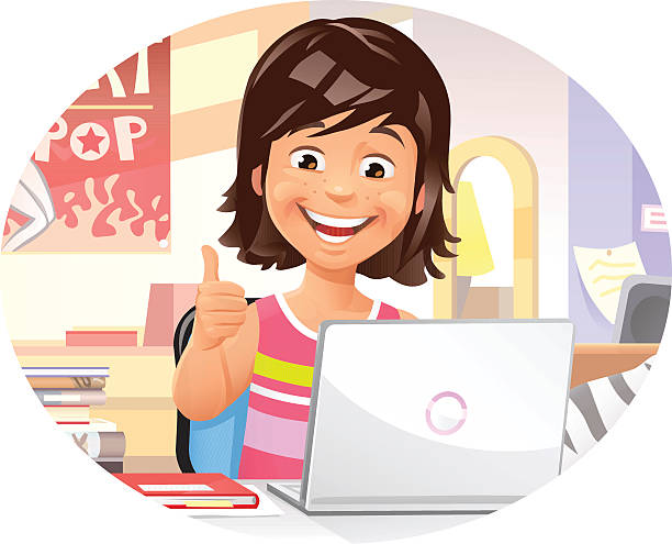 ilustraciones, imágenes clip art, dibujos animados e iconos de stock de chica joven con la computadora portátil - house home interior small human hand