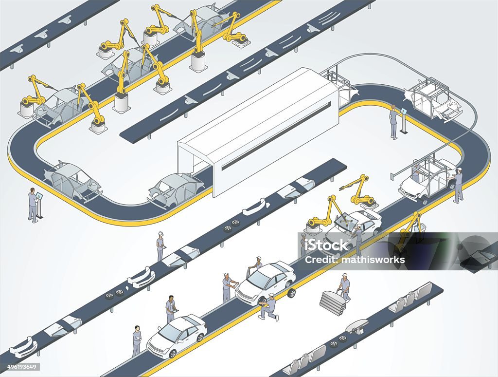 Auto Assembly Line Illustration A detailed, modern factory illustrates an automotive assembly process. Car stock vector