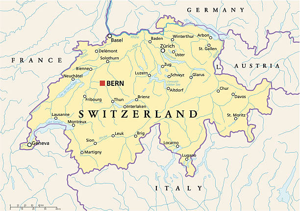 Switzerland Political Map Political map of Switzerland with capital Bern, national borders, most important cities, rivers and lakes with english labeling and scale.  switzerland stock illustrations