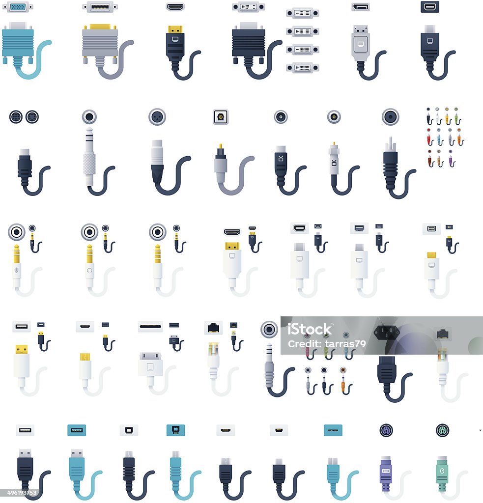 Connectors, jacks and sockets Set of the electrical connectors and sockets Cable stock vector