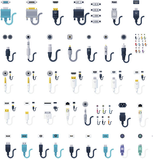 Connectors, jacks and sockets Set of the electrical connectors and sockets network cables stock illustrations