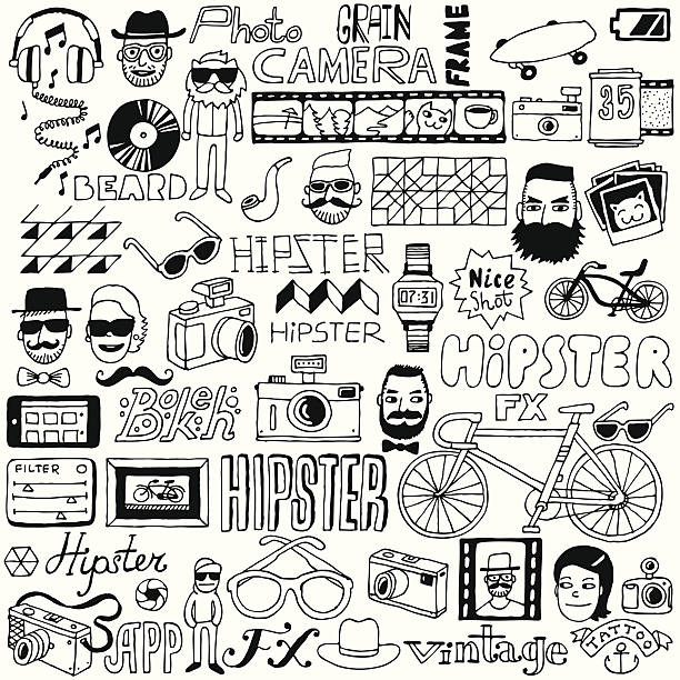 ilustraciones, imágenes clip art, dibujos animados e iconos de stock de hipster mega doodle conjunto. ilustración vectorial. - moda chicas gatos