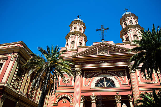 istock Catholic church reaching up into sky with palms 496195599