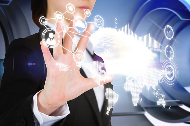 istock Businesswoman touching global business interface 496196105