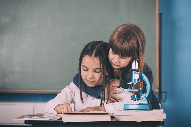 due bambine seduto alla scrivania - reading and writing blackboard book elementary school building foto e immagini stock