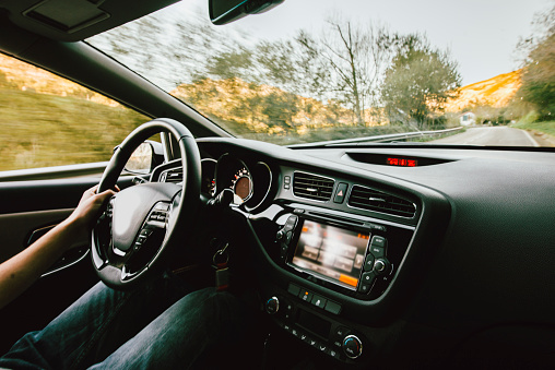 A car interior view in motion