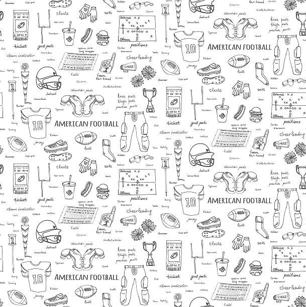 American football Seamless background hand drawn doodle american football set Vector illustration Sketchy sport football icons, ball helmet jersey pants knee thigh shoulder pads cleats field cheerleading down indicator Touchdown stock illustrations