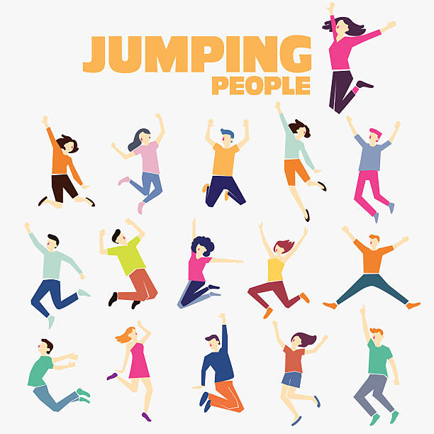 ilustraciones, imágenes clip art, dibujos animados e iconos de stock de grupo de jóvenes salto aislado sobre fondo blanco - healthy lifestyle jumping people happiness
