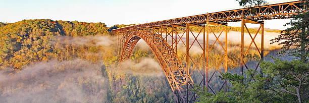 New River Gorge Bridge Morning Fall Panorama stock photo