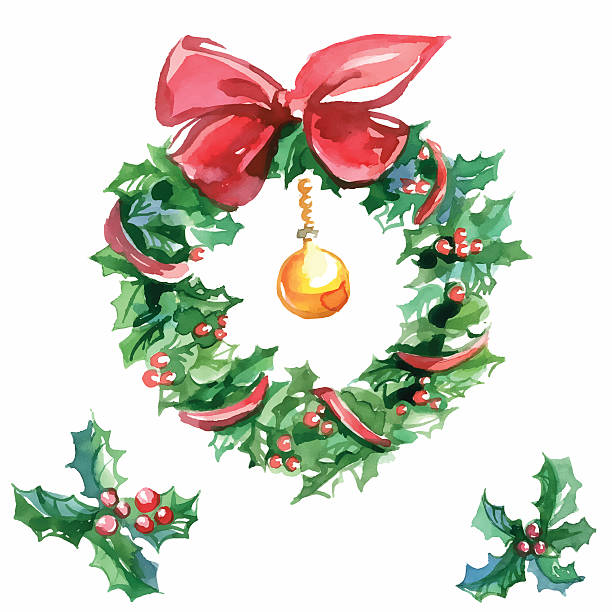 акварельный вектор рождество mistletoe wreath - christmas backgrounds christmas card part of stock illustrations